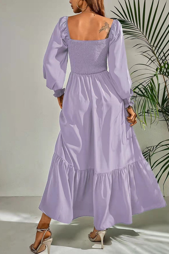 Puff Sleeve Smocked Ruffle Midi Dress Beige · 4XL