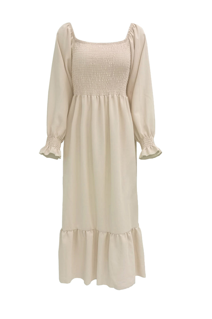 Puff Sleeve Smocked Ruffle Midi Dress Beige · XL