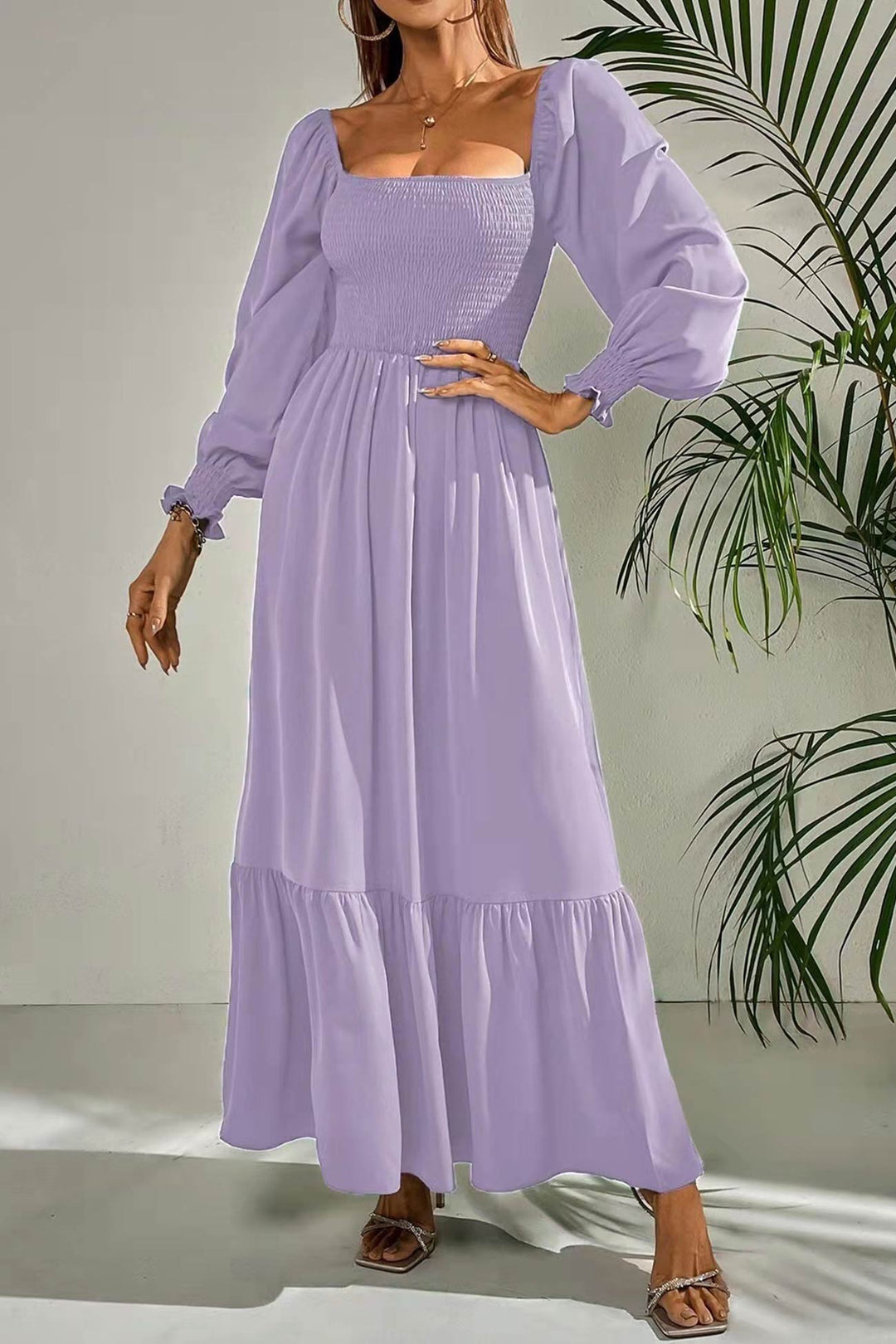 Puff Sleeve Smocked Ruffle Midi Dress Purple · M