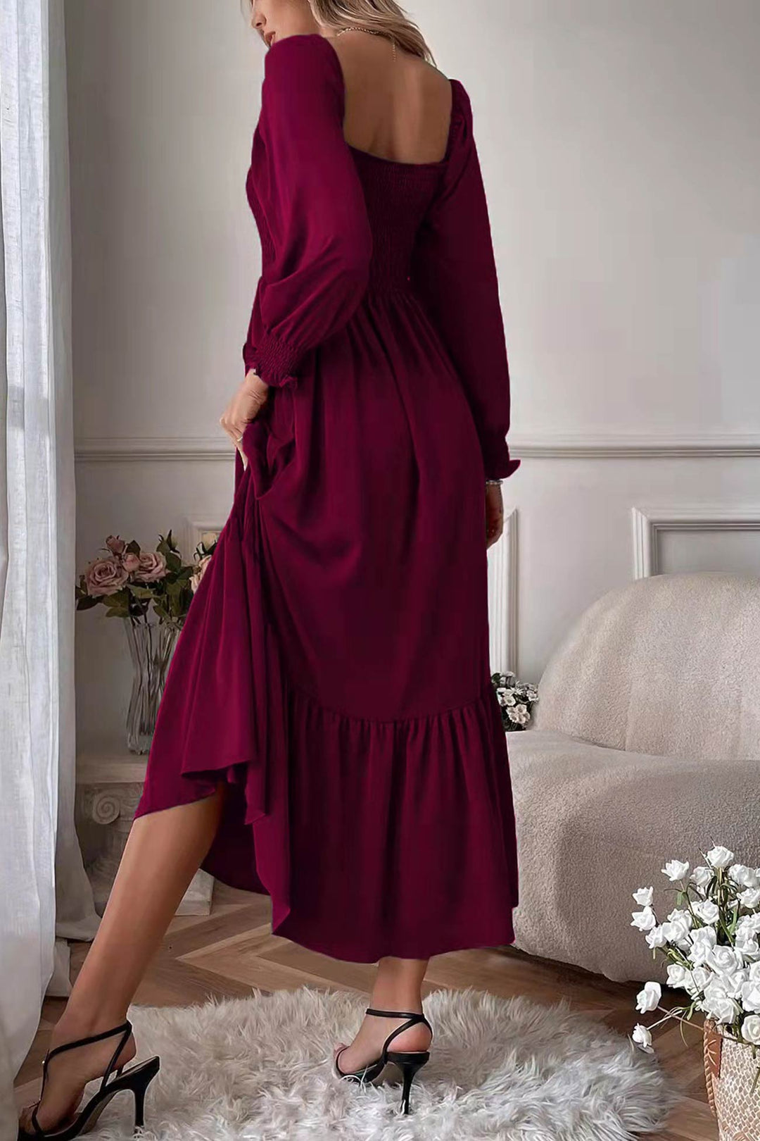 Puff Sleeve Smocked Ruffle Midi Dress Green · L