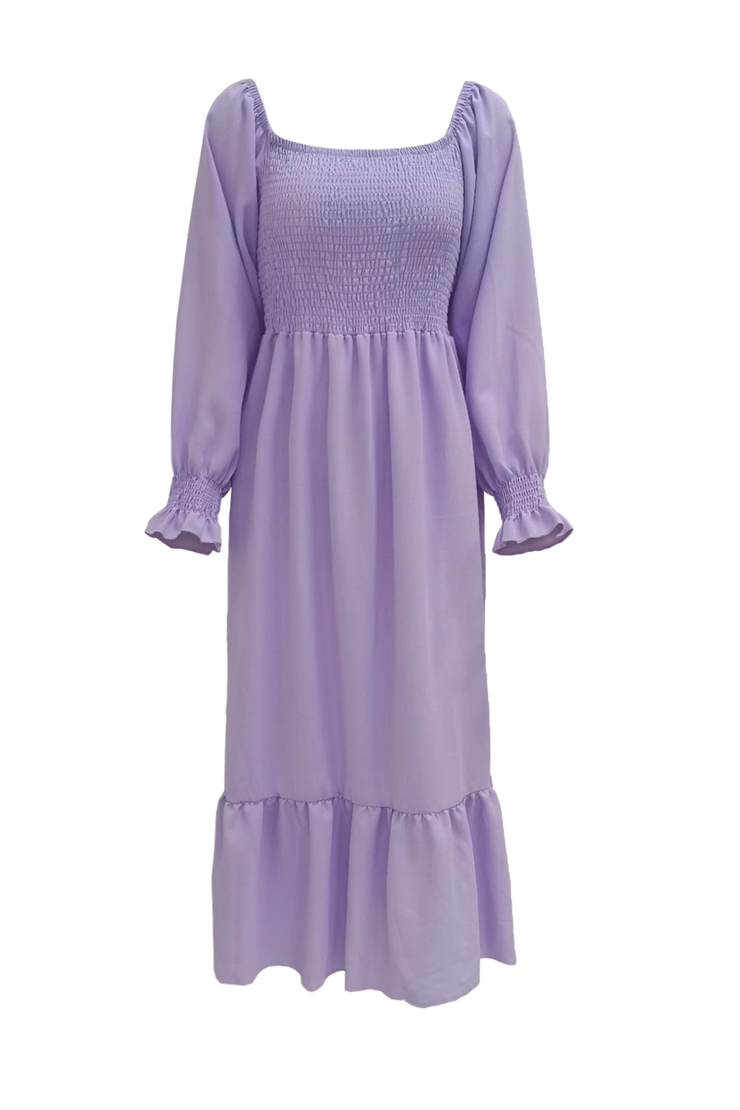 Puff Sleeve Smocked Ruffle Midi Dress Purple · L