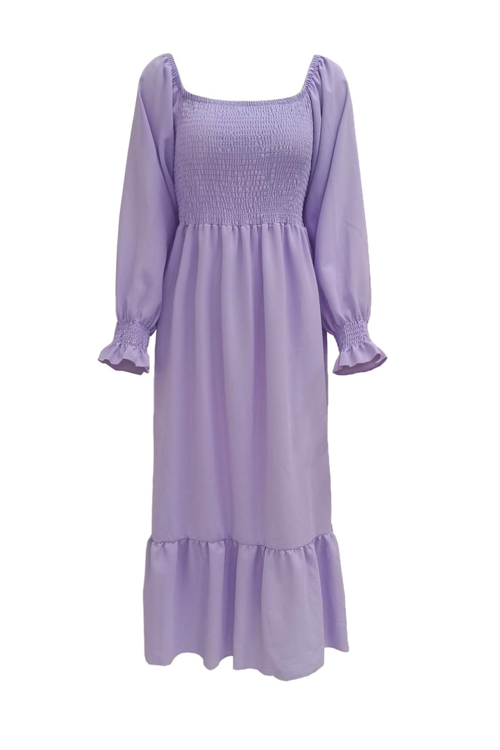 Puff Sleeve Smocked Ruffle Midi Dress Purple · L