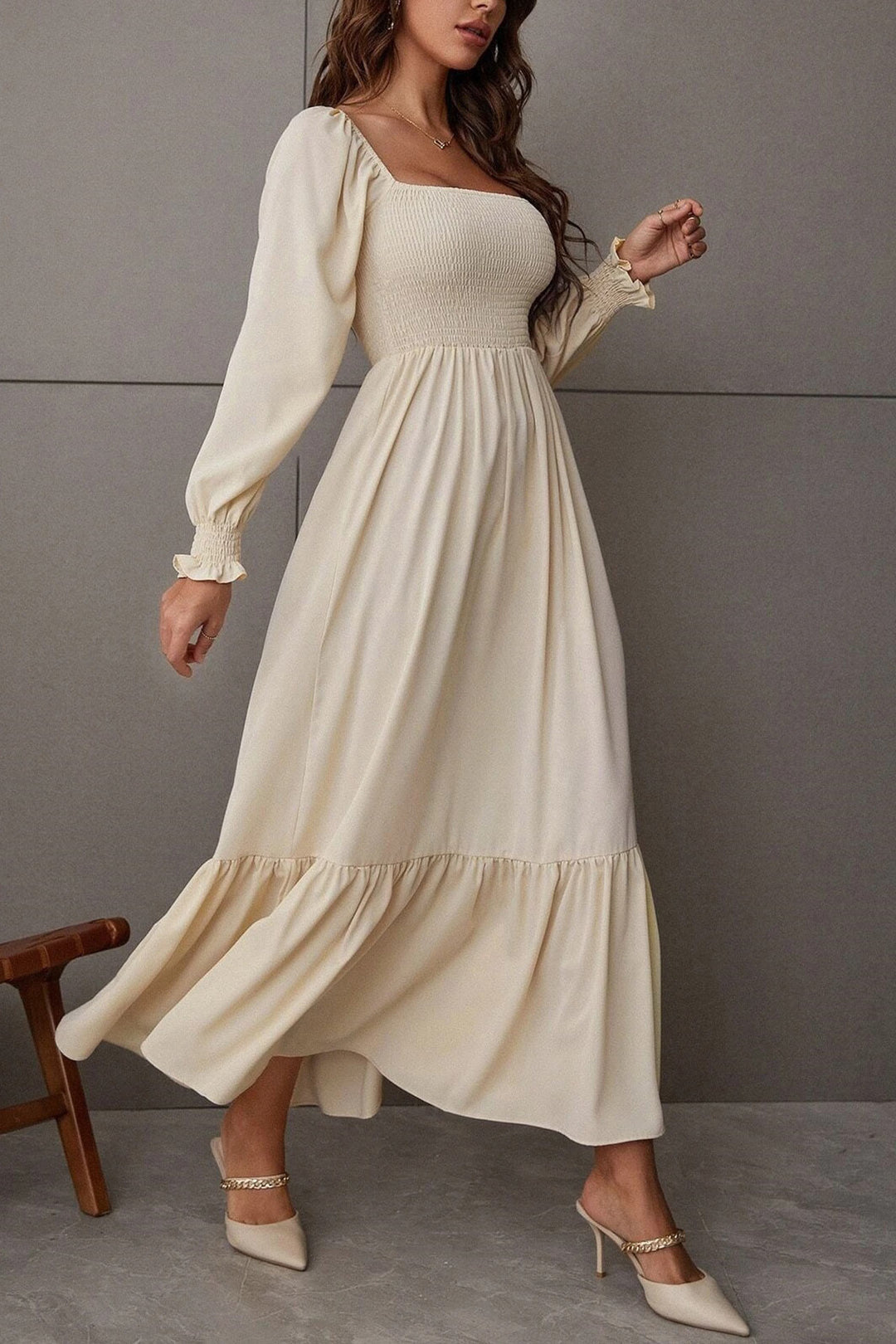Puff Sleeve Smocked Ruffle Midi Dress Beige · S