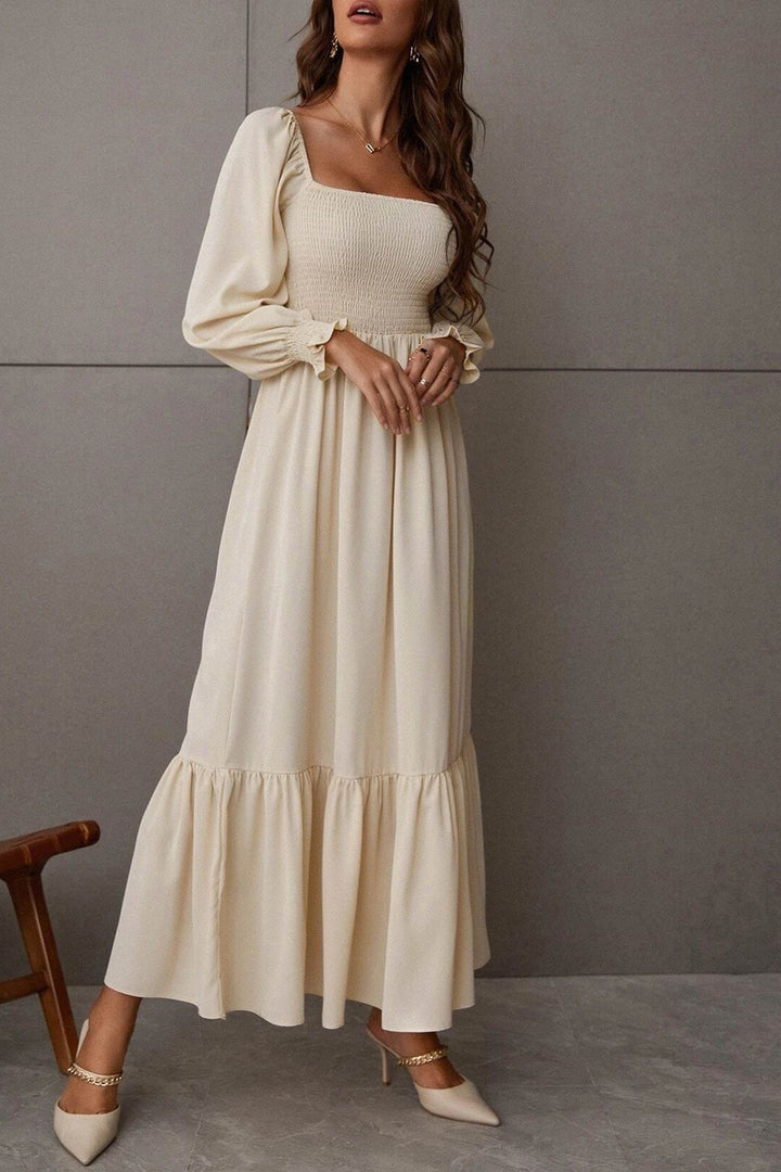 Puff Sleeve Smocked Ruffle Midi Dress