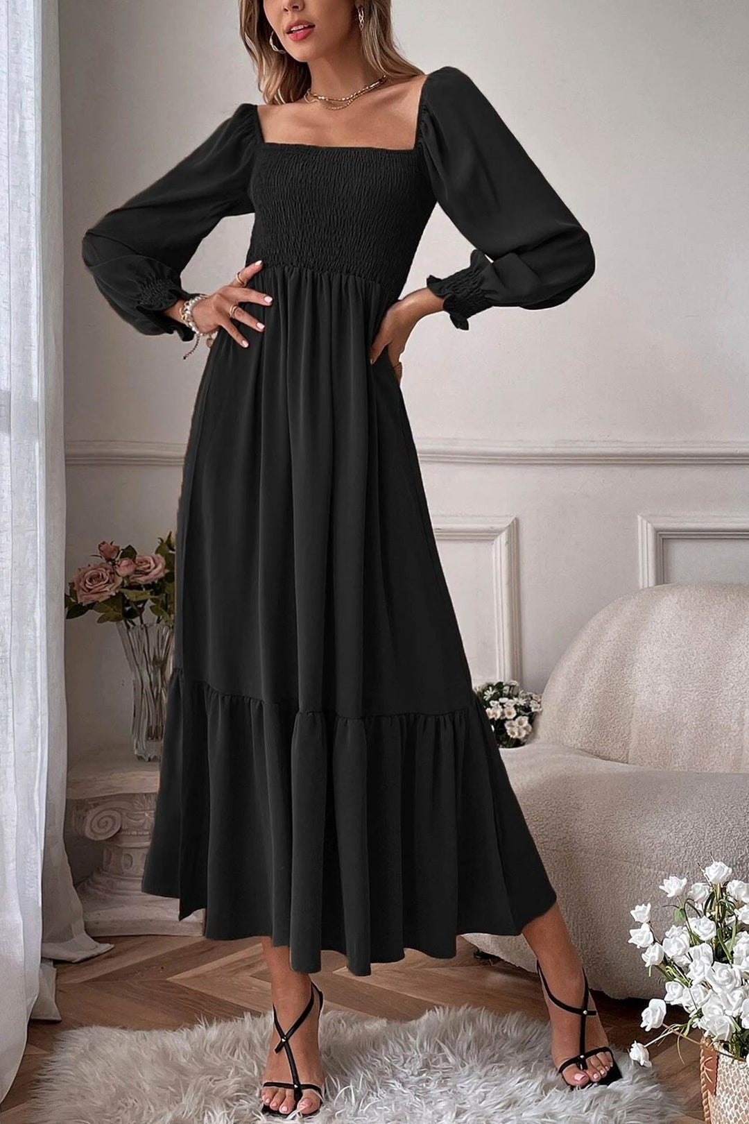 Puff Sleeve Smocked Ruffle Midi Dress Purple · 2XL