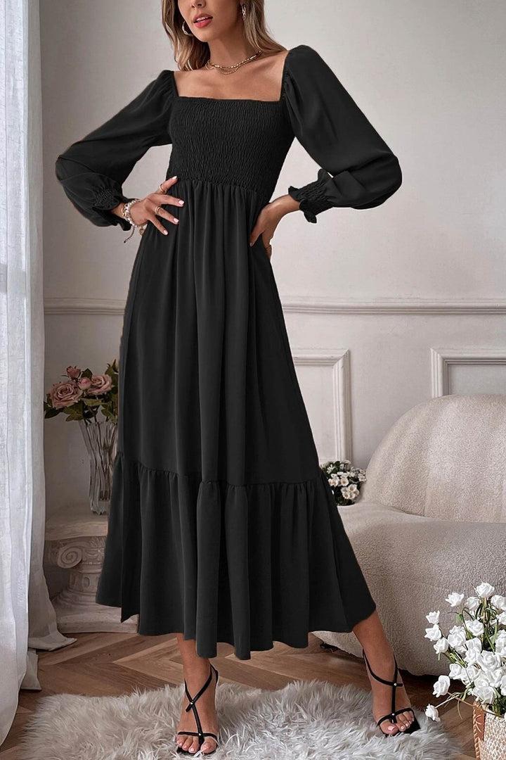 Puff Sleeve Smocked Ruffle Midi Dress Purple · 2XL