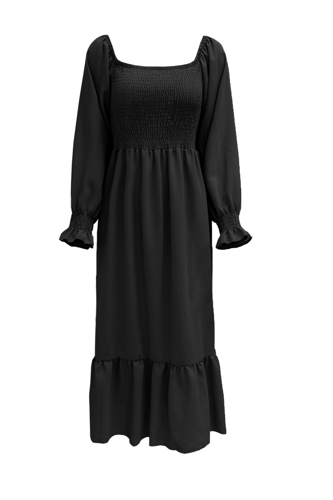 Puff Sleeve Smocked Ruffle Midi Dress Black · M
