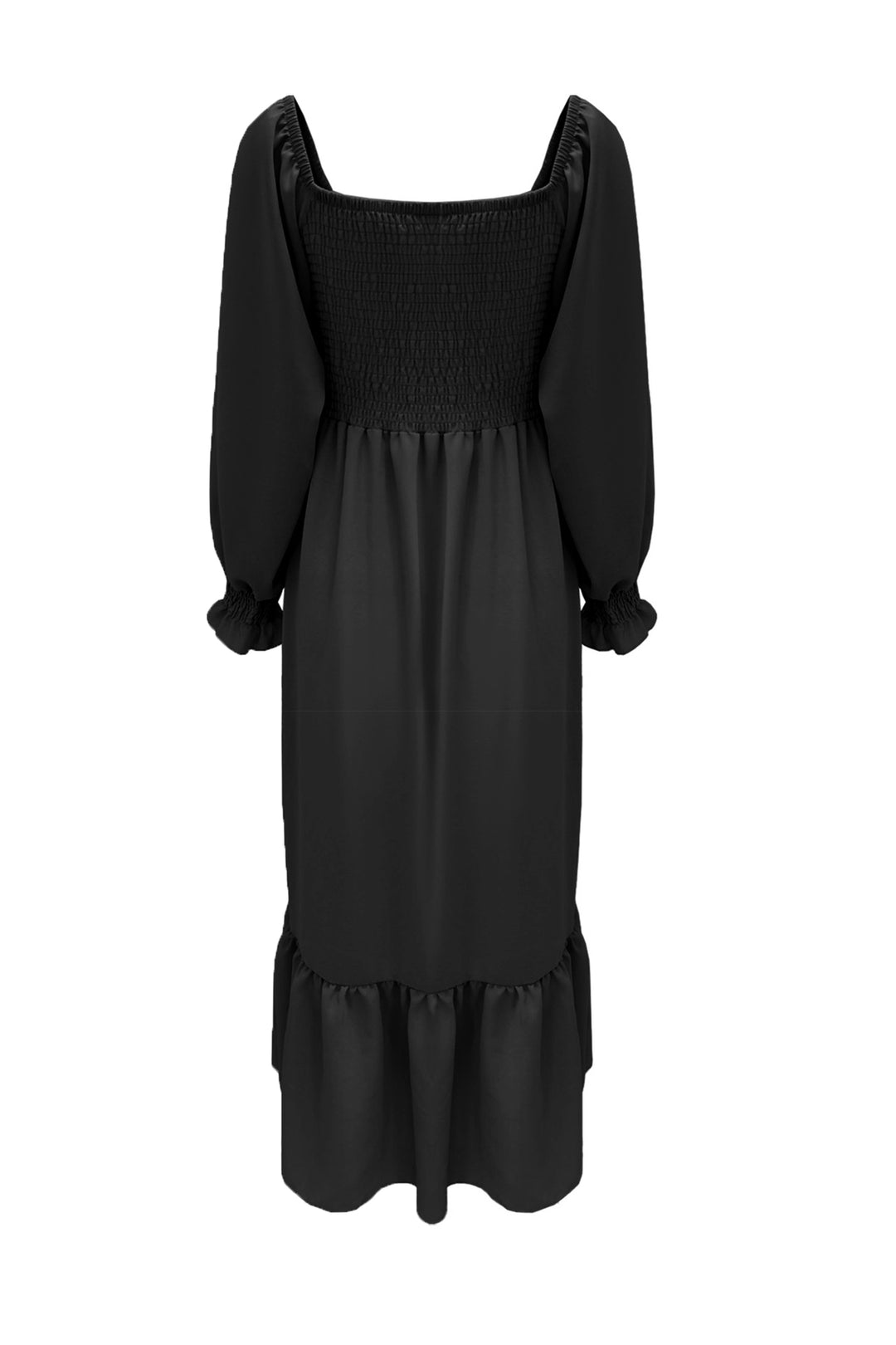 Puff Sleeve Smocked Ruffle Midi Dress Black · L