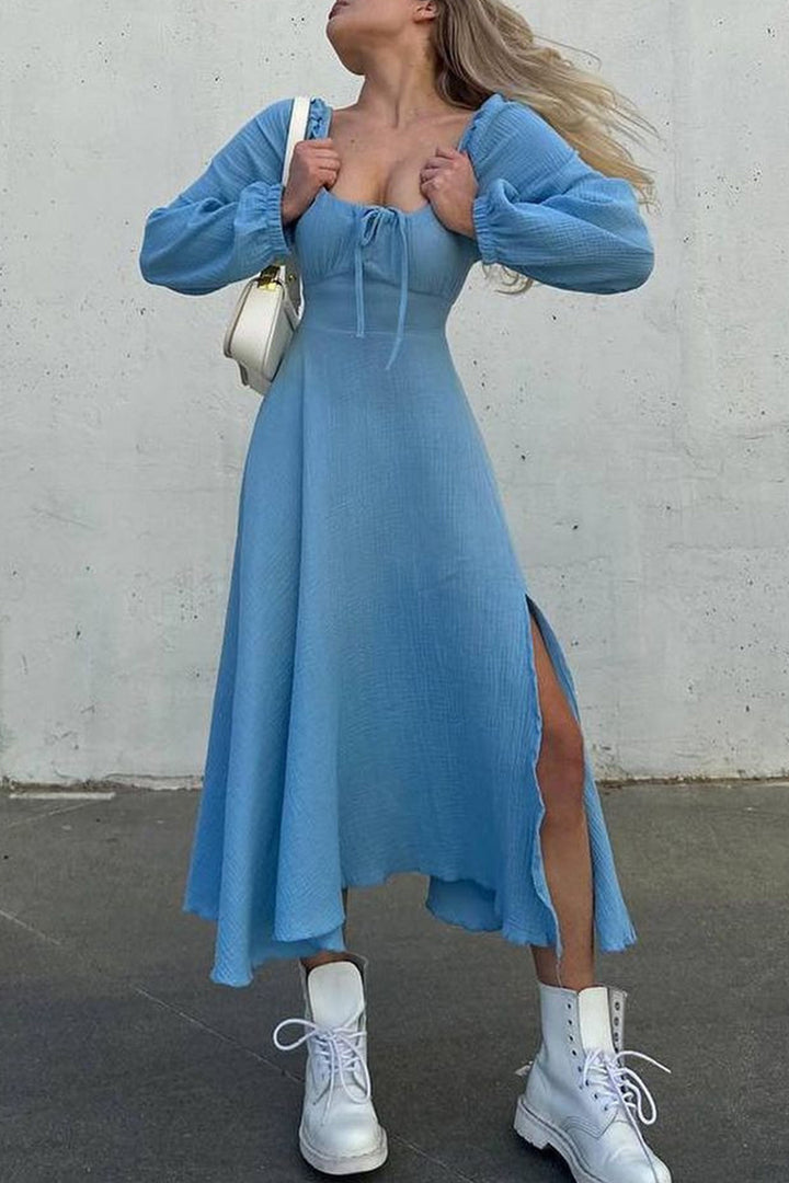 Puff Sleeve Square Neck Slit Dress Blue · L