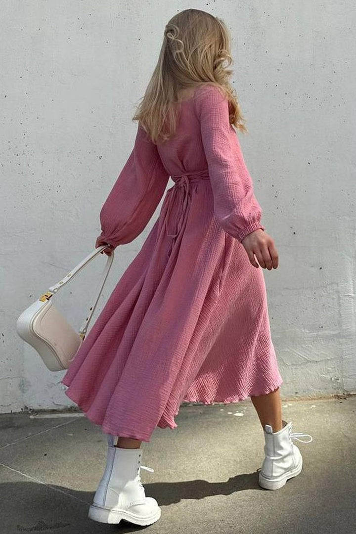 Puff Sleeve Square Neck Slit Dress Pink · L