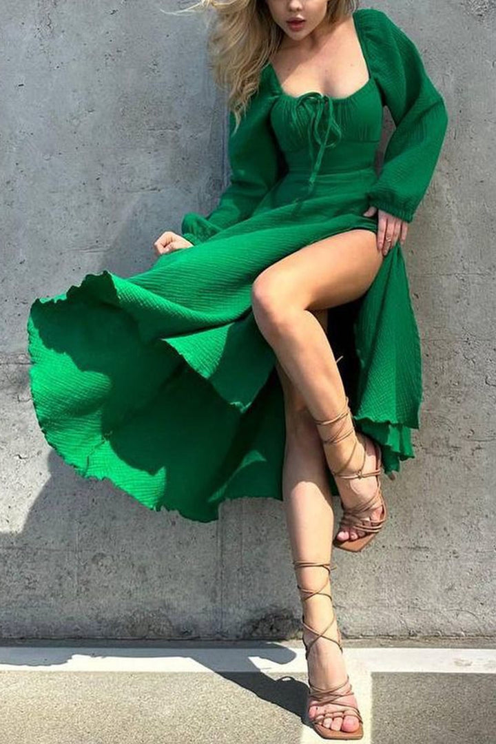 Puff Sleeve Square Neck Slit Dress Blue · XL