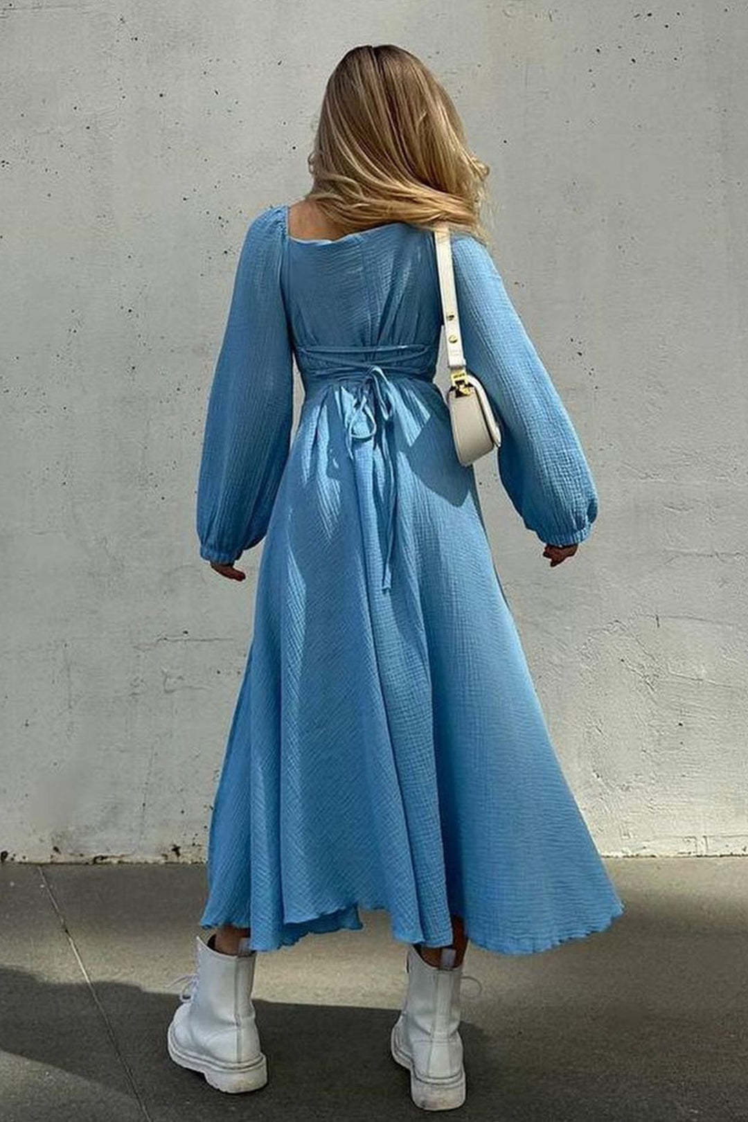 Puff Sleeve Square Neck Slit Dress Blue · M