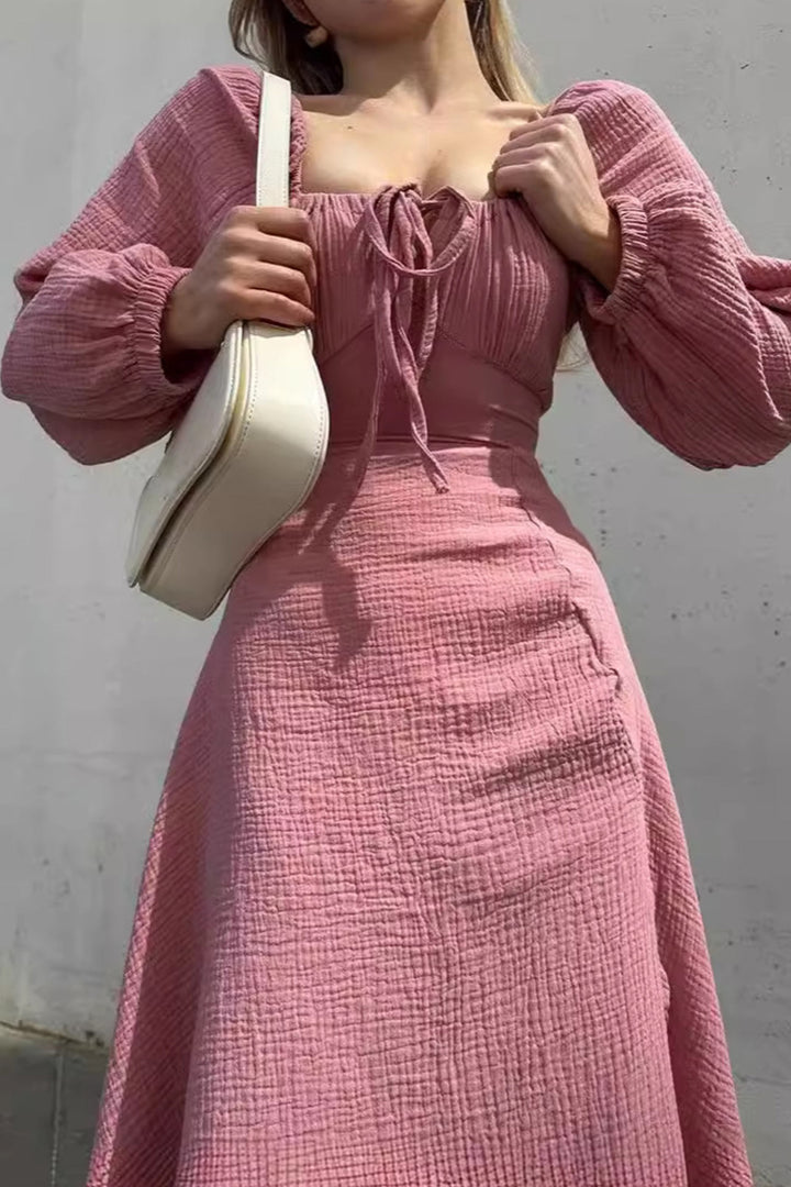 Puff Sleeve Square Neck Slit Dress Pink · M