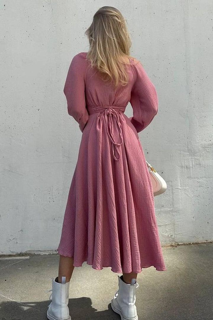 Puff Sleeve Square Neck Slit Dress Pink · XL