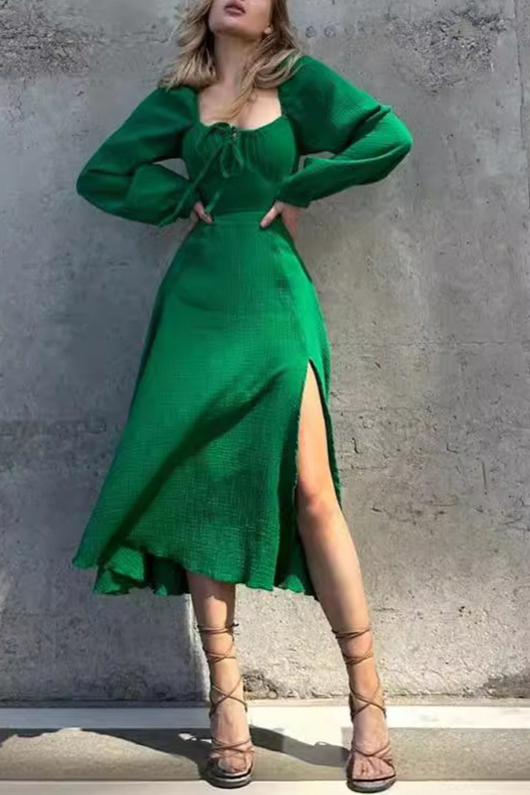 Puff Sleeve Square Neck Slit Dress Green · M