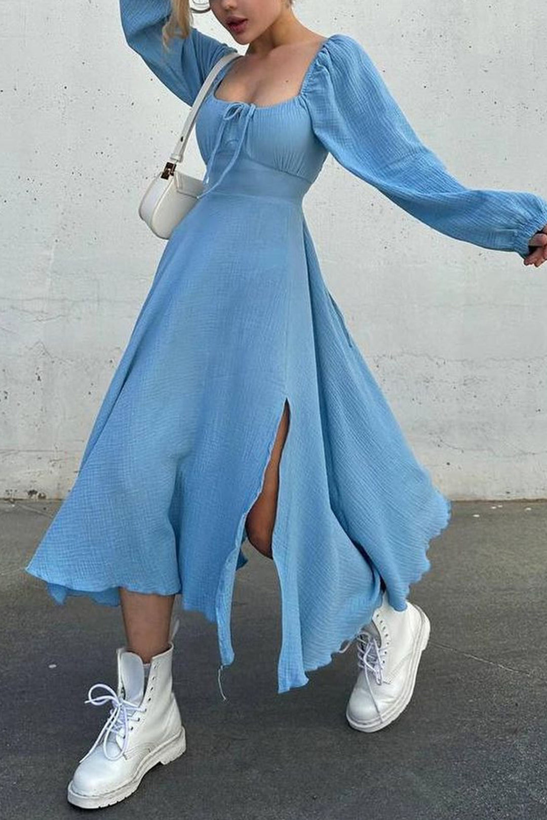 Puff Sleeve Square Neck Slit Dress Blue · S