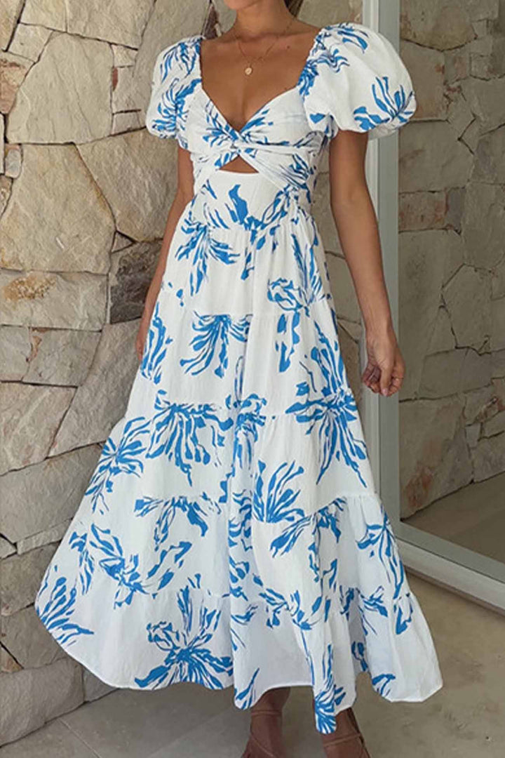 Puff Sleeve Twisted Tiered Dress Blue · S