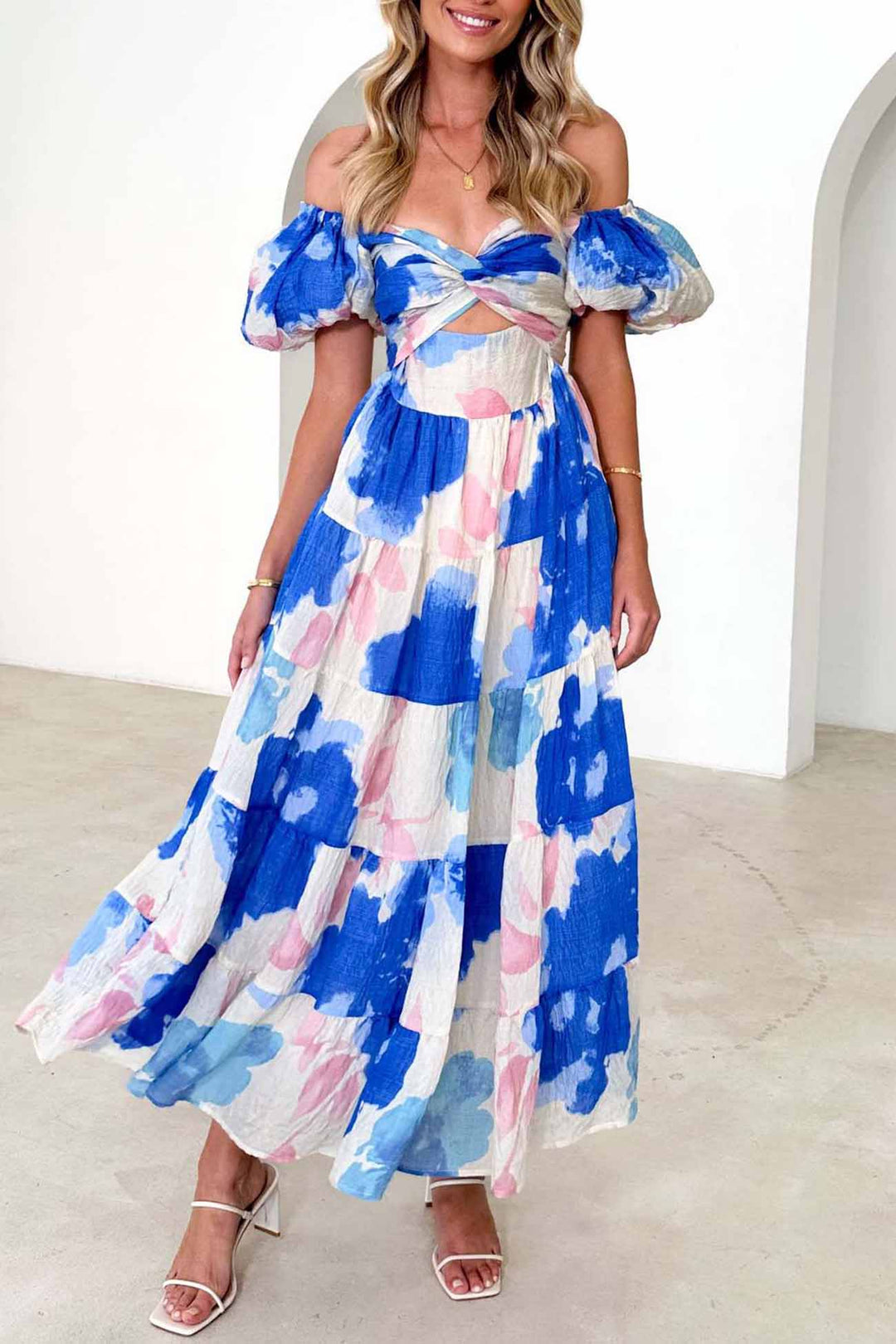 Puff Sleeve Twisted Tiered Dress Black · XL