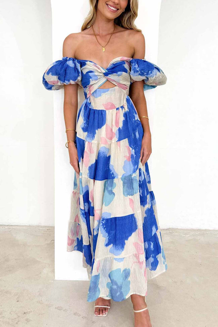 Puff Sleeve Twisted Tiered Dress Dark Blue · S