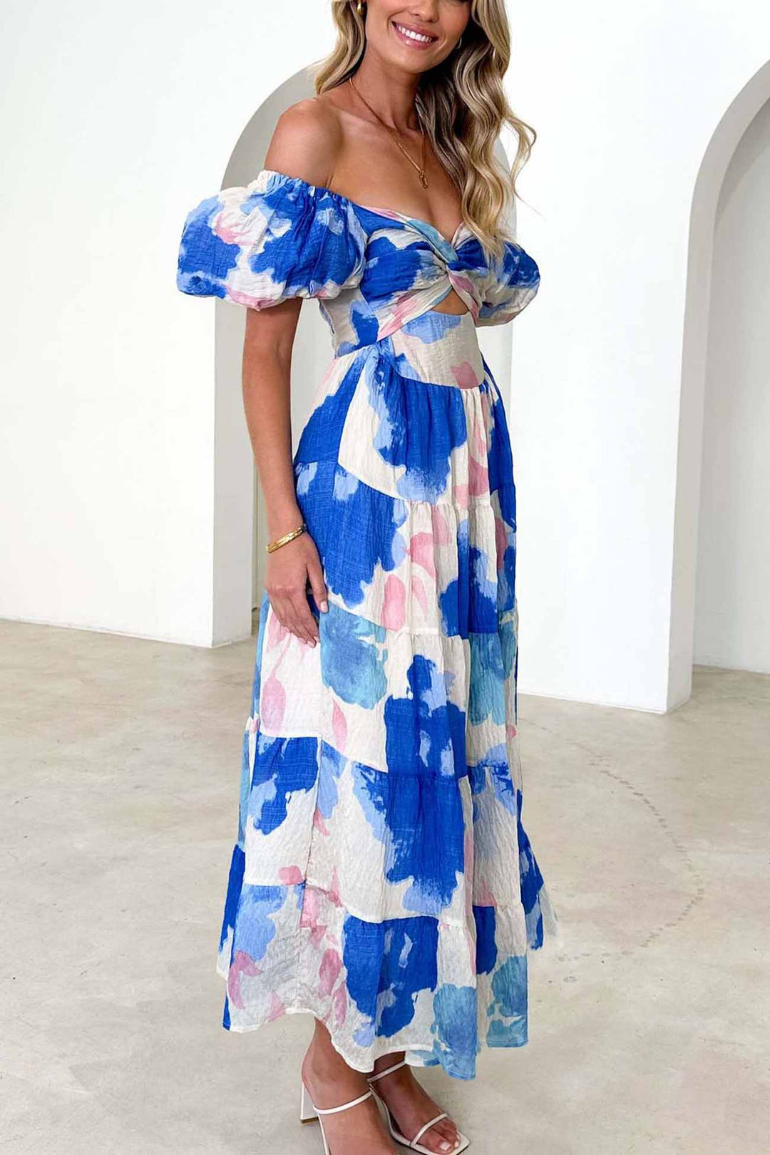 Puff Sleeve Twisted Tiered Dress Dark Blue · M