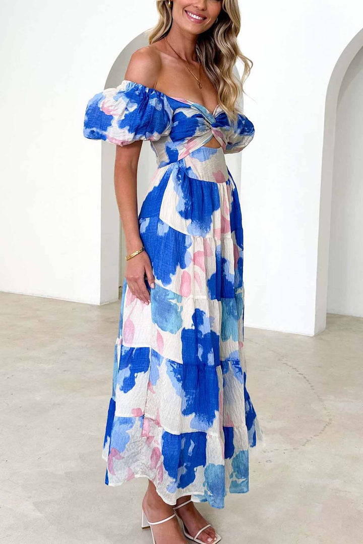 Puff Sleeve Twisted Tiered Dress Dark Blue · M