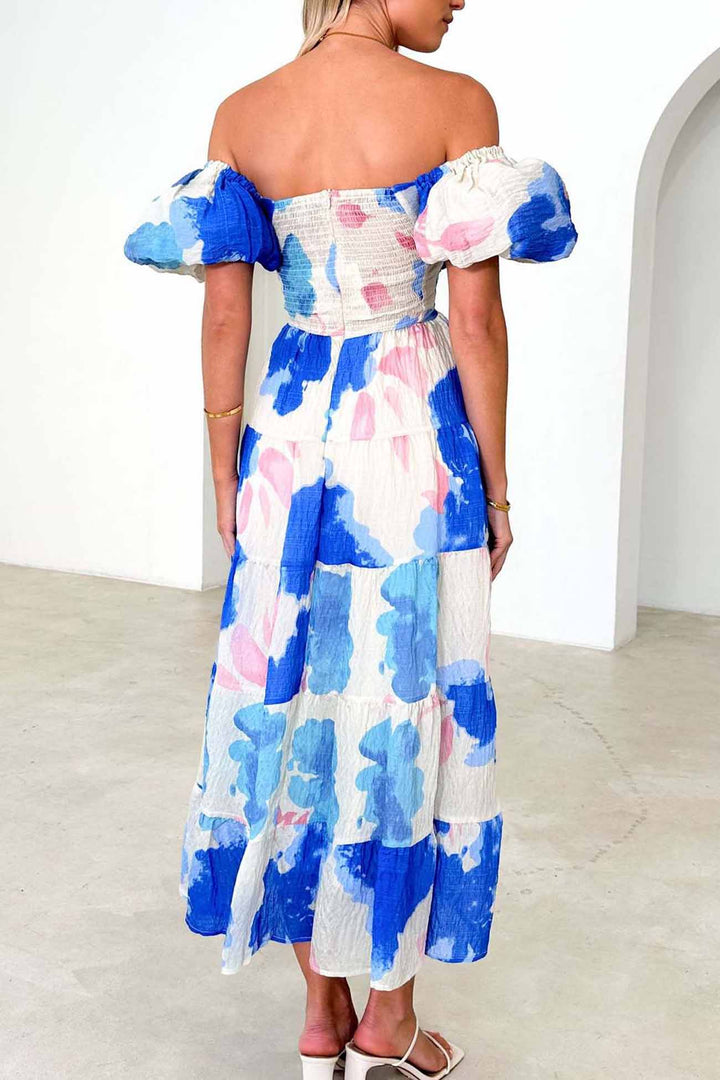 Puff Sleeve Twisted Tiered Dress Dark Blue · L