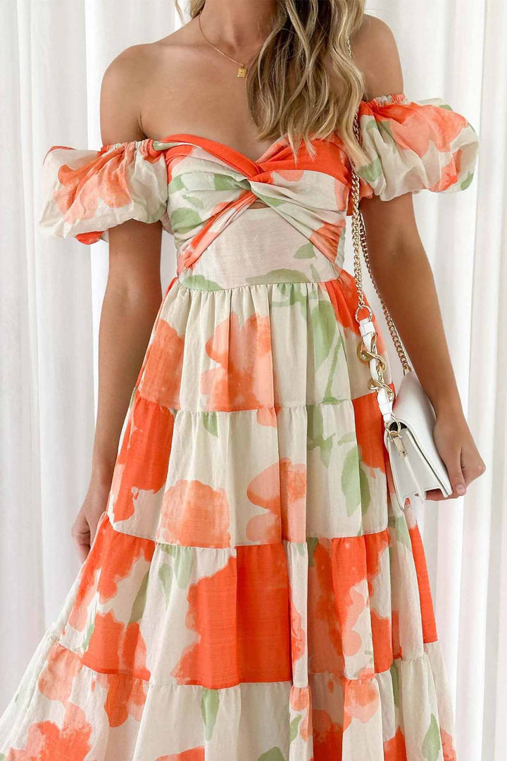 Puff Sleeve Twisted Tiered Dress Orange · S