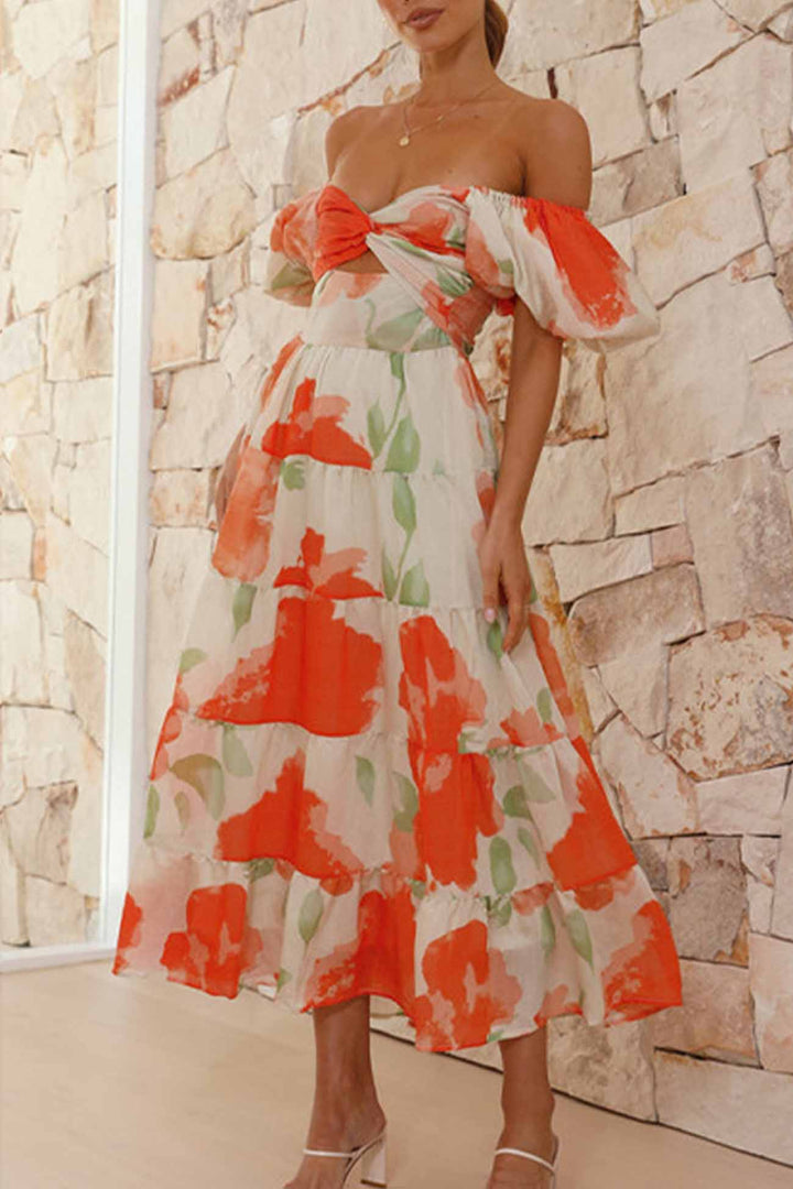 Puff Sleeve Twisted Tiered Dress Orange · M