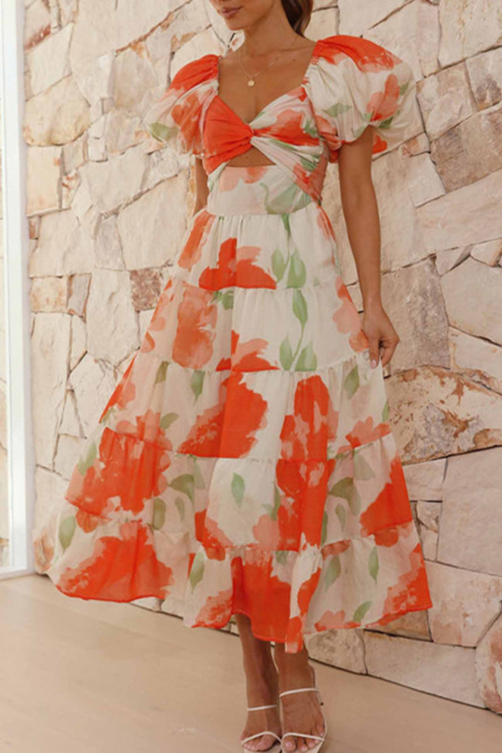 Puff Sleeve Twisted Tiered Dress Orange · L