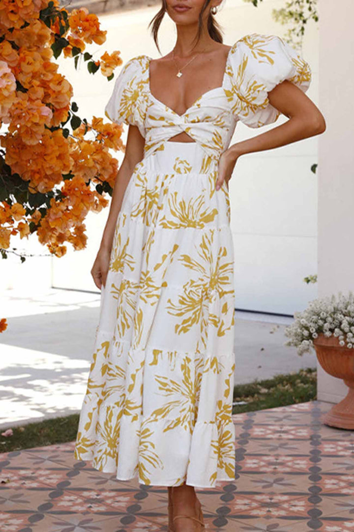 Puff Sleeve Twisted Tiered Dress Yellow · S