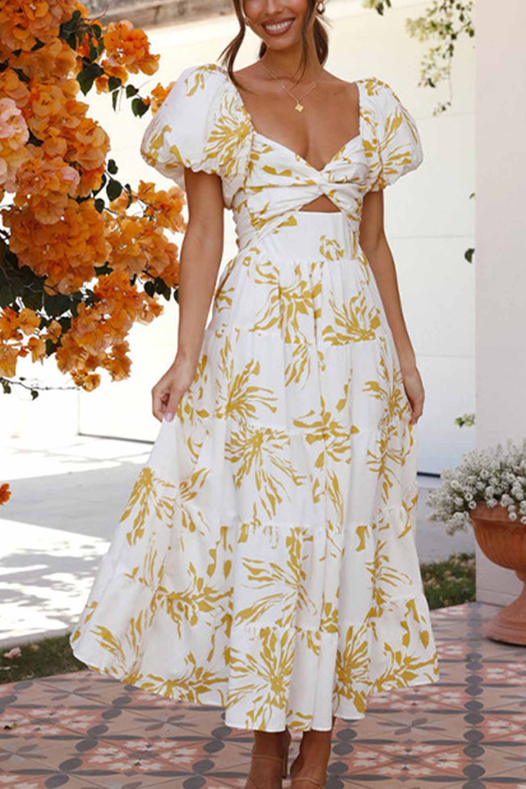 Puff Sleeve Twisted Tiered Dress Yellow · M