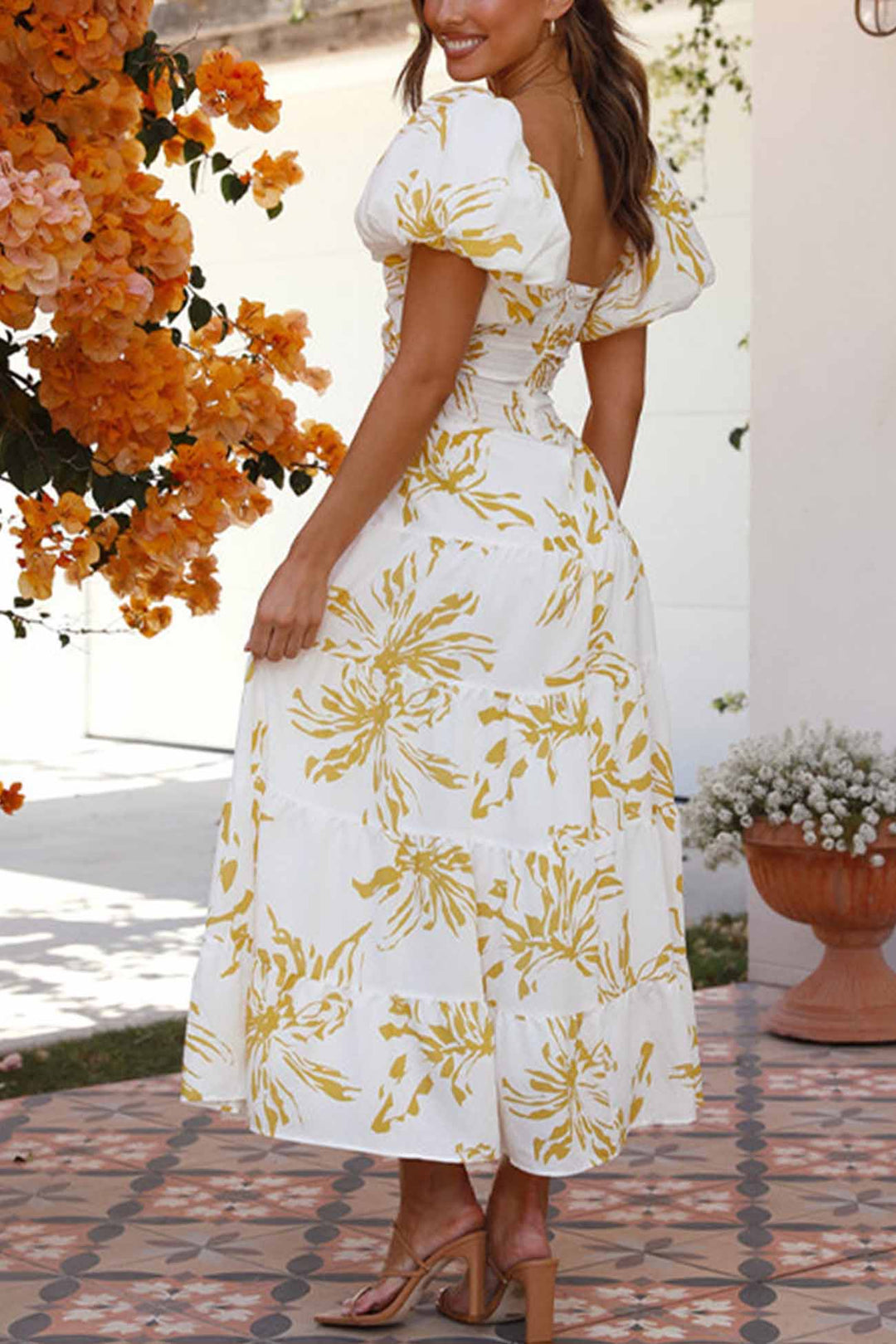 Puff Sleeve Twisted Tiered Dress Yellow · L