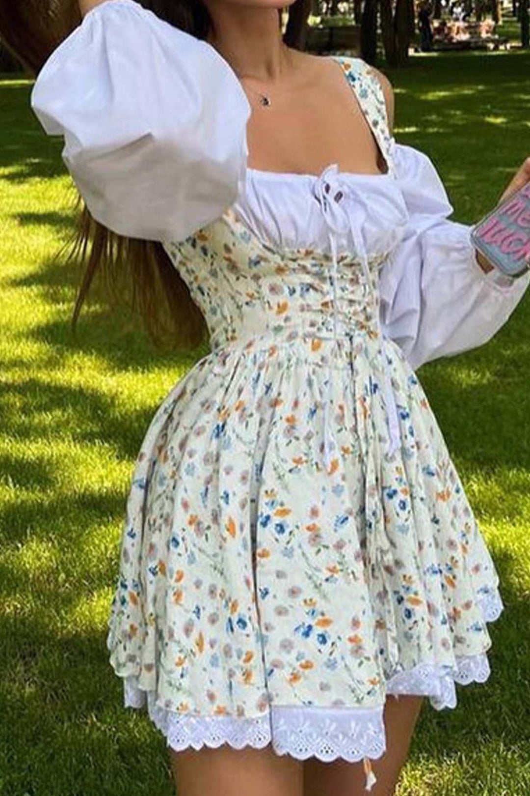 Puff Sleeve Floral Suspender Dress Beige Blue · S
