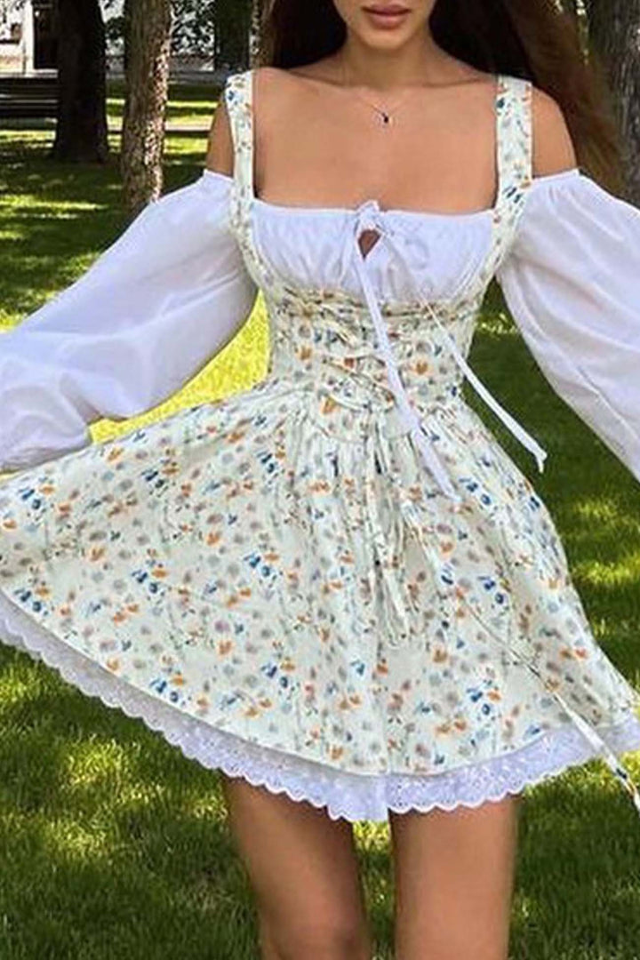 Puff Sleeve Floral Suspender Dress Beige Blue · M