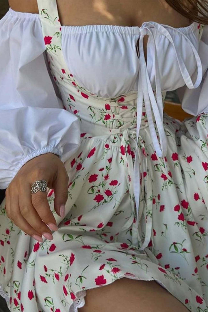 Puff Sleeve Floral Suspender Dress Beige Blue · L