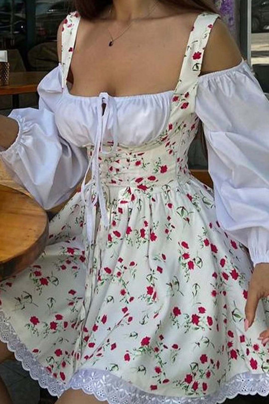 Puff Sleeve Floral Suspender Dress Beige Red · S