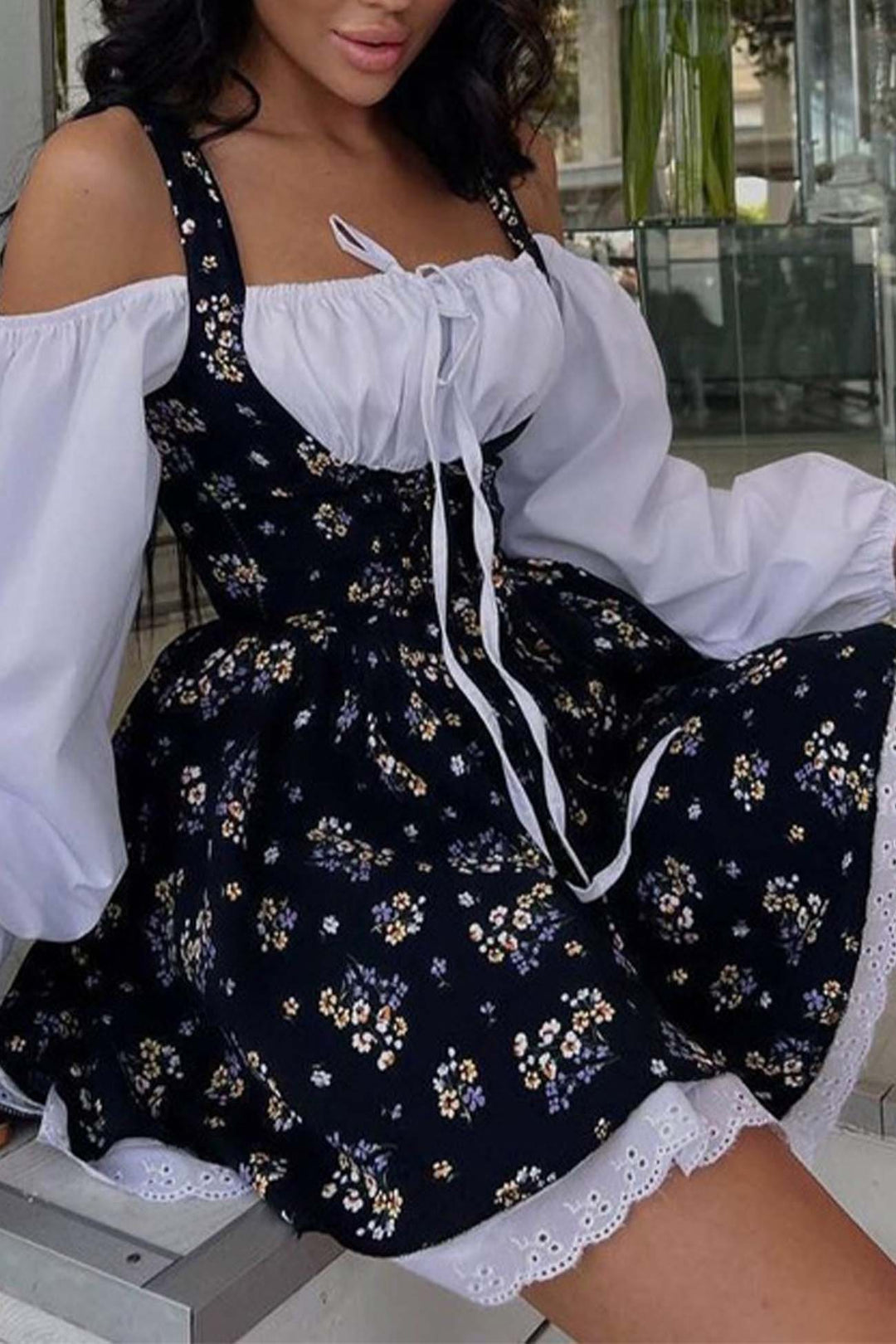 Puff Sleeve Floral Suspender Dress Black · S