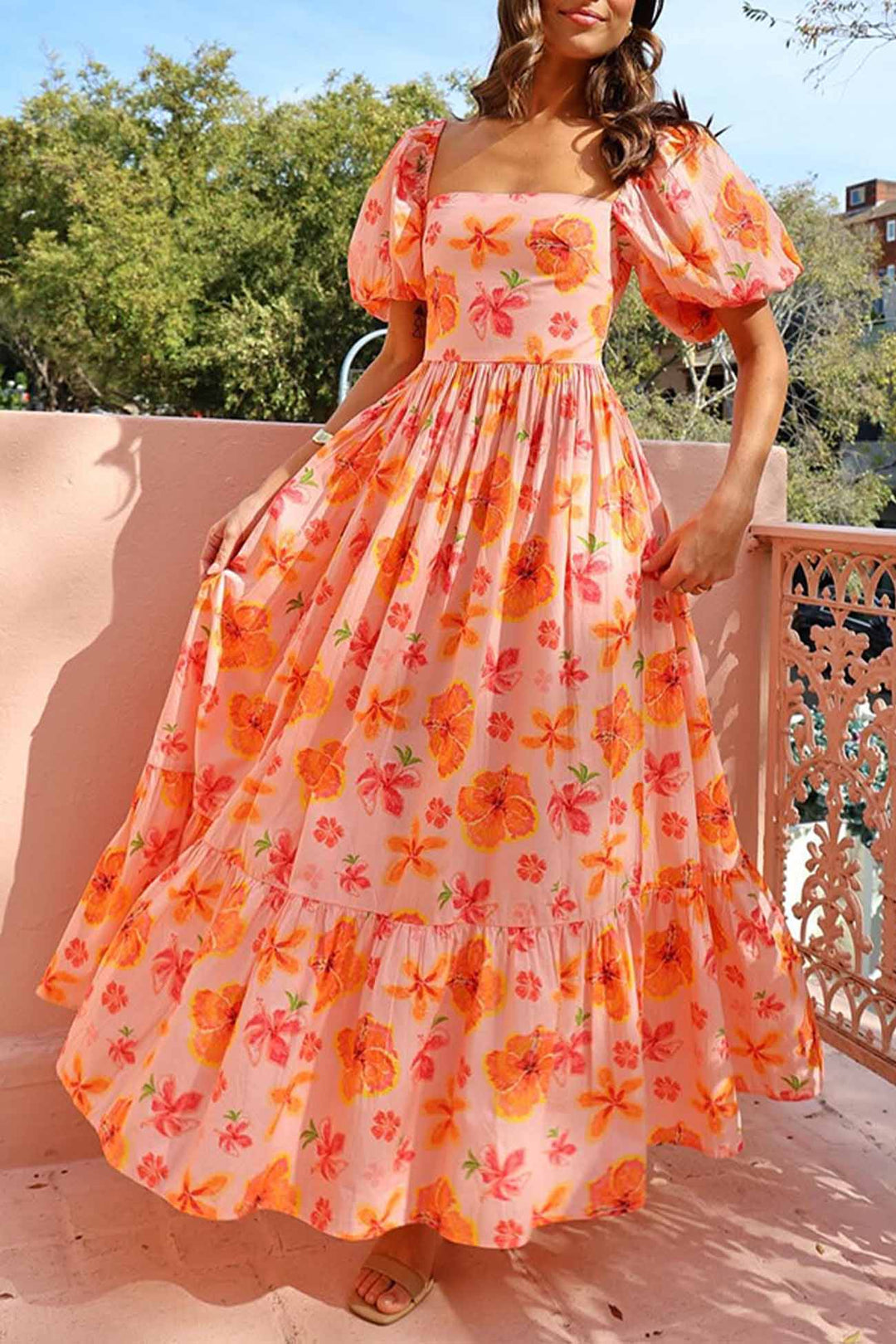 Puff Sleeve Printed A-line Shirred Dress Orange · S