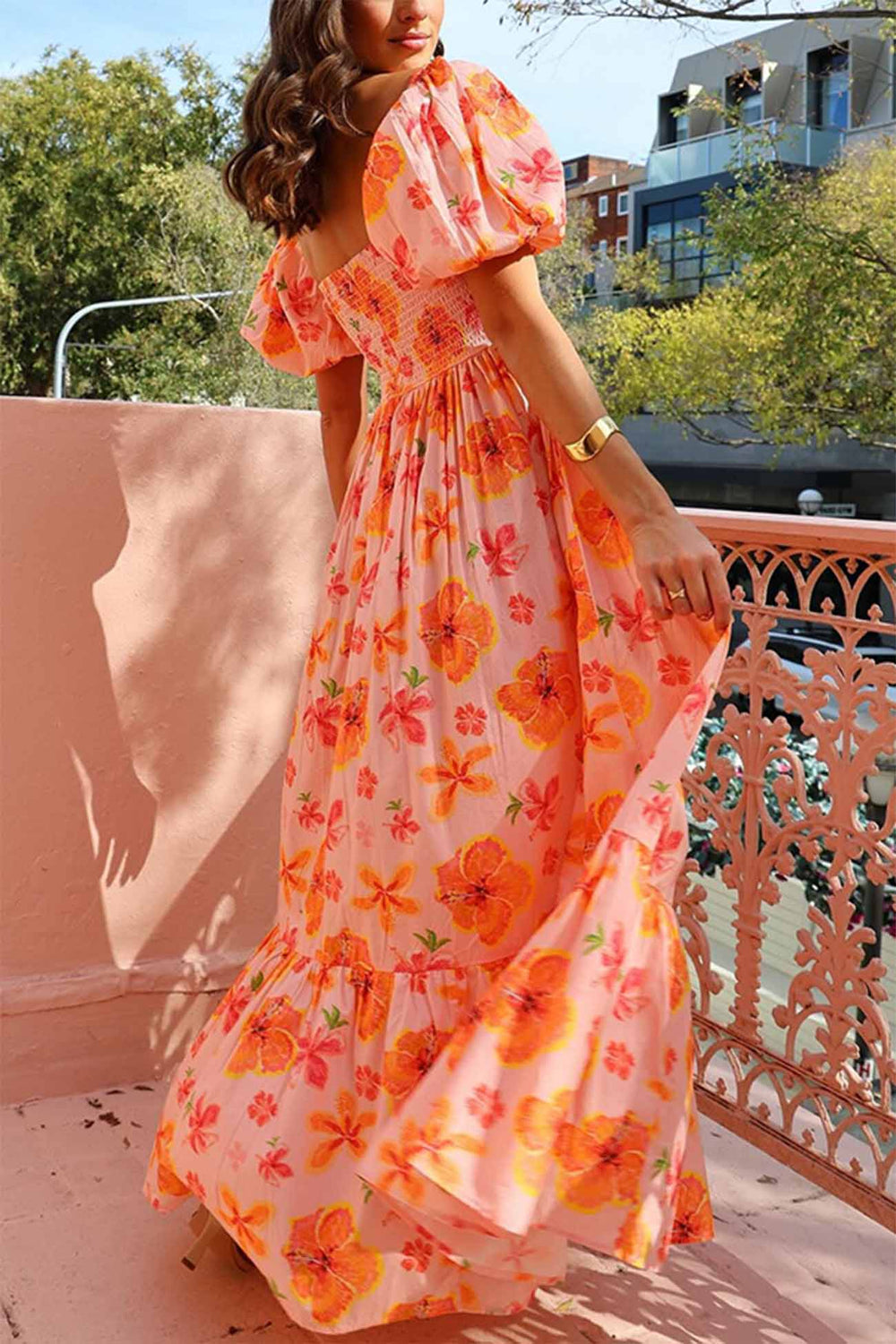Puff Sleeve Printed A-line Shirred Dress Orange · M