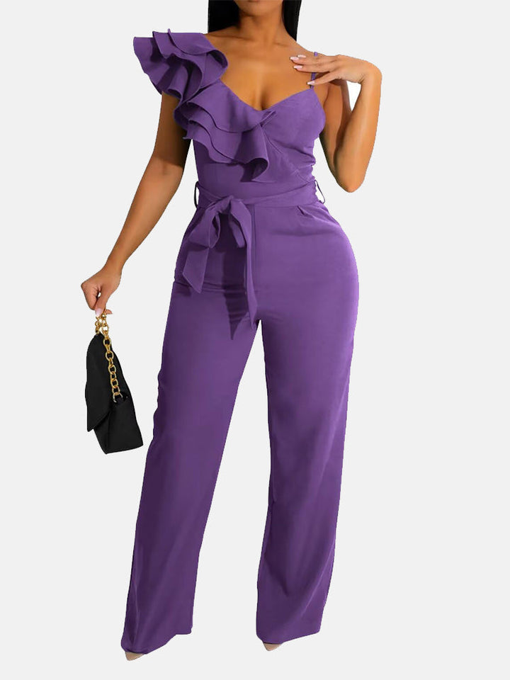 Ruffle Belted Wide Jumpsuit Wine Red / XL