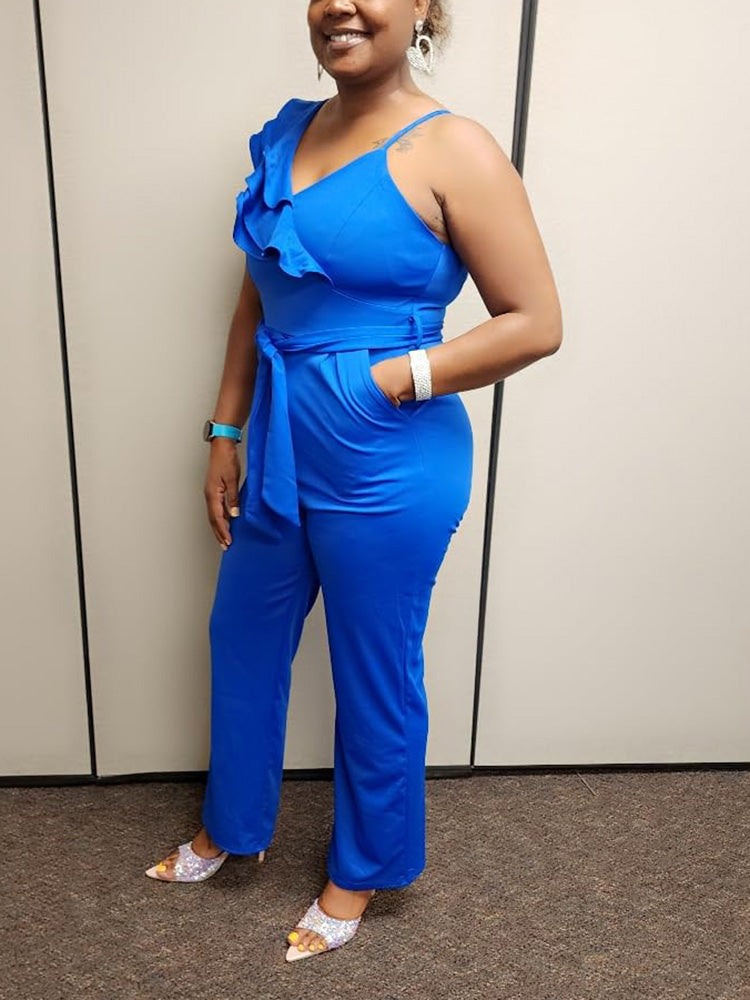 Ruffle Belted Wide Jumpsuit Blue / 2XL