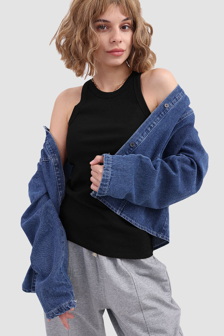 Round Neck Sleeveless Knit Tank Top Black · M