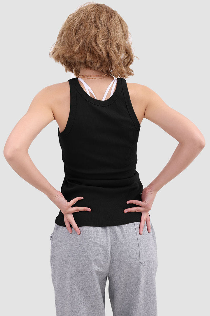 Round Neck Sleeveless Knit Tank Top Black · L