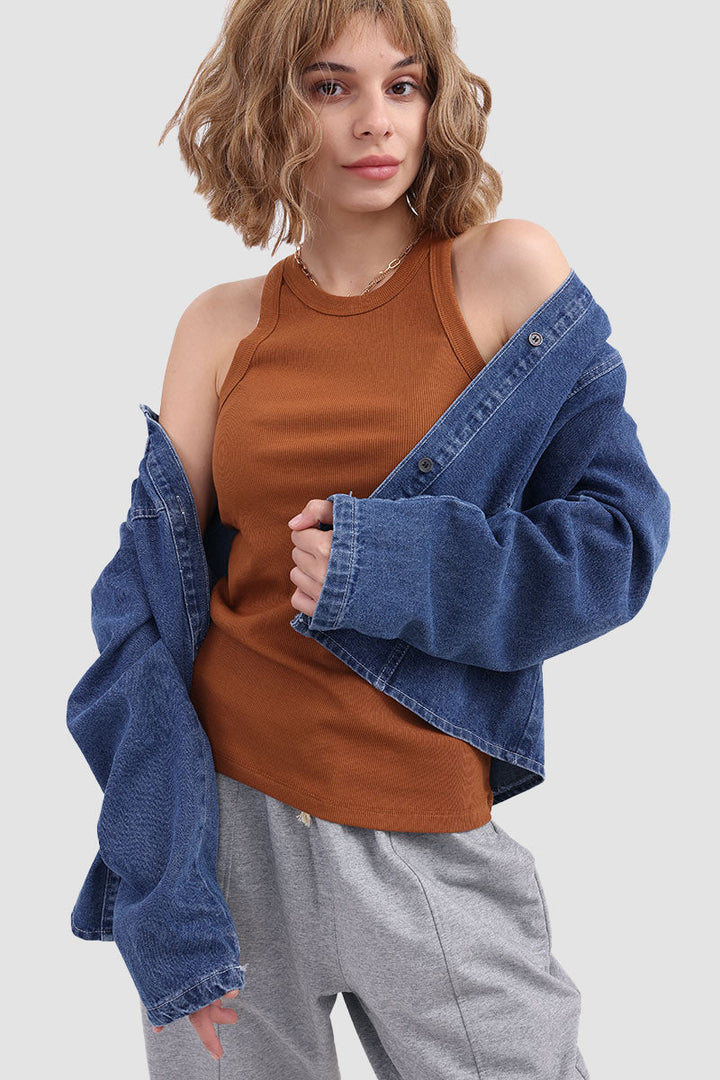 Round Neck Sleeveless Knit Tank Top Brown · S