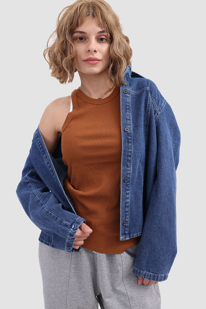 Round Neck Sleeveless Knit Tank Top Brown · M