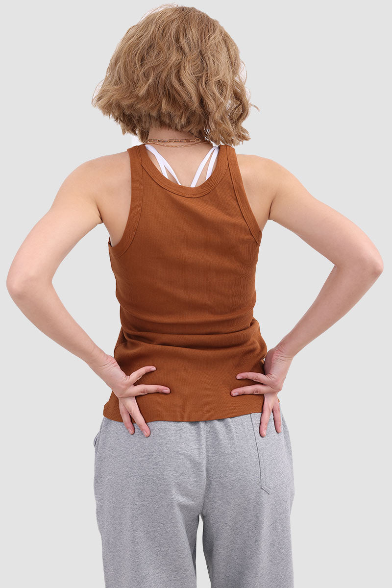 Round Neck Sleeveless Knit Tank Top Brown · L
