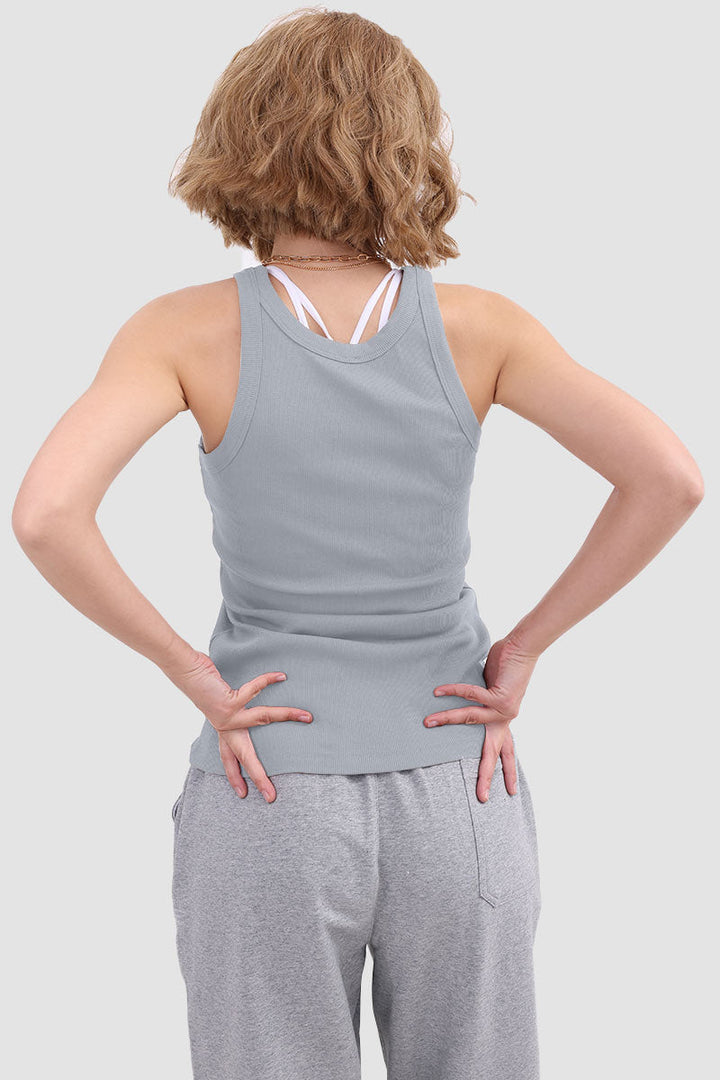 Round Neck Sleeveless Knit Tank Top Grey · M