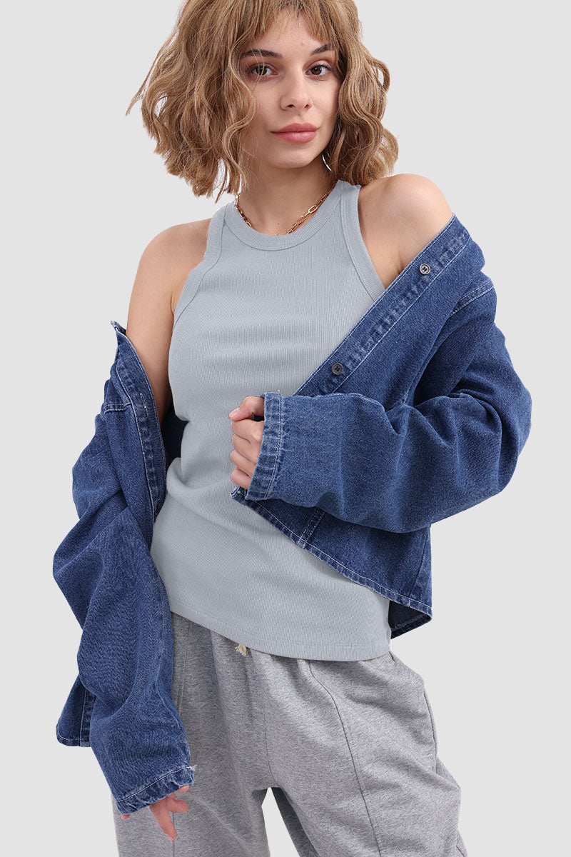 Round Neck Sleeveless Knit Tank Top Grey · L