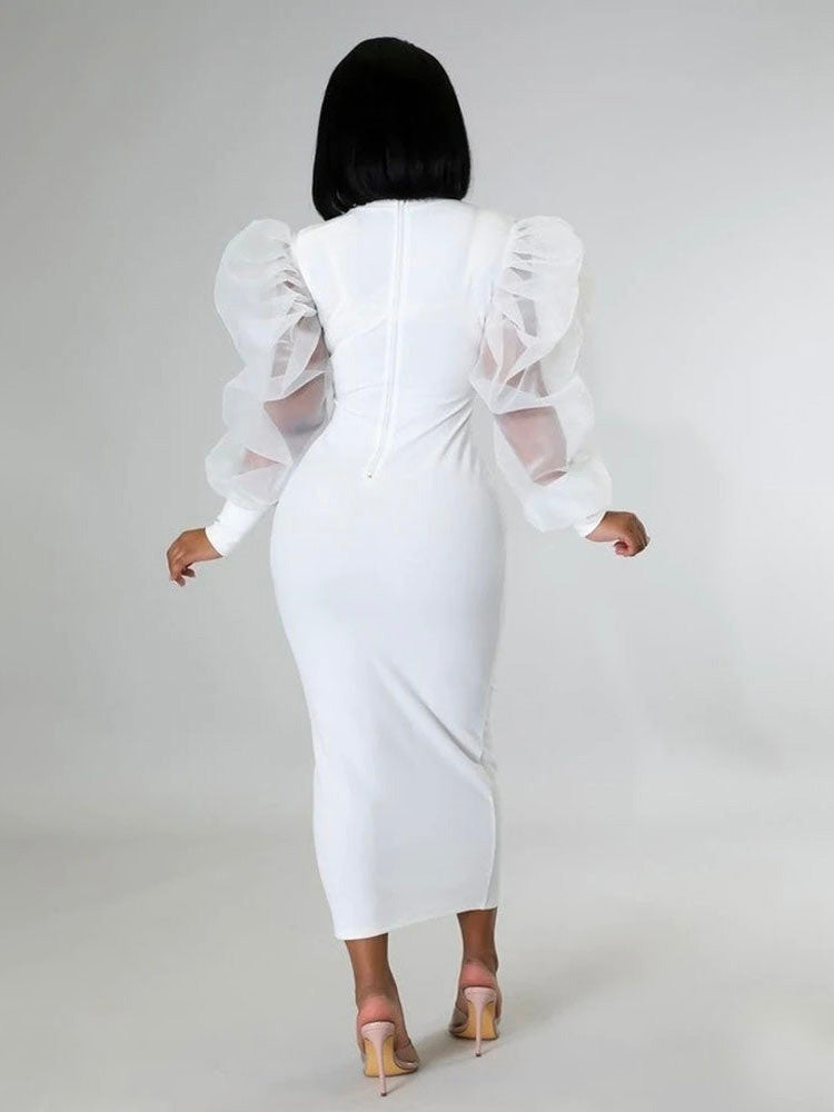 Elegant Puff Sleeve Maxi Dresses White / M