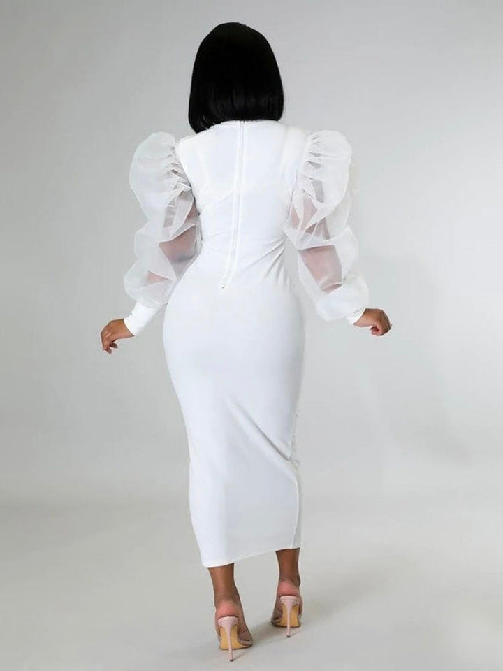 Elegant Puff Sleeve Maxi Dresses White / M